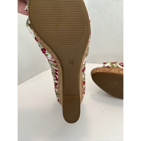 H&M Cork Wedge High Heels Canvas Cherries Peep Toe Size 8 - Picture 10 of 11